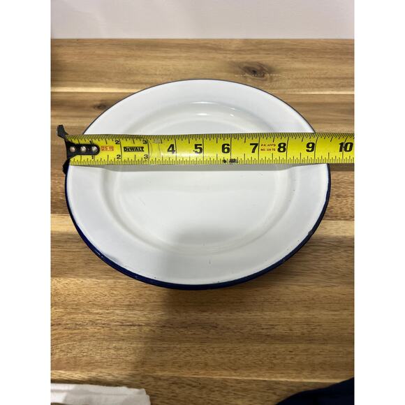 2 Vintage White w/ Blue Rim Enamel 9.5" Salad Plate Cottage Farmhouse Kitchen - Picture 9 of 9